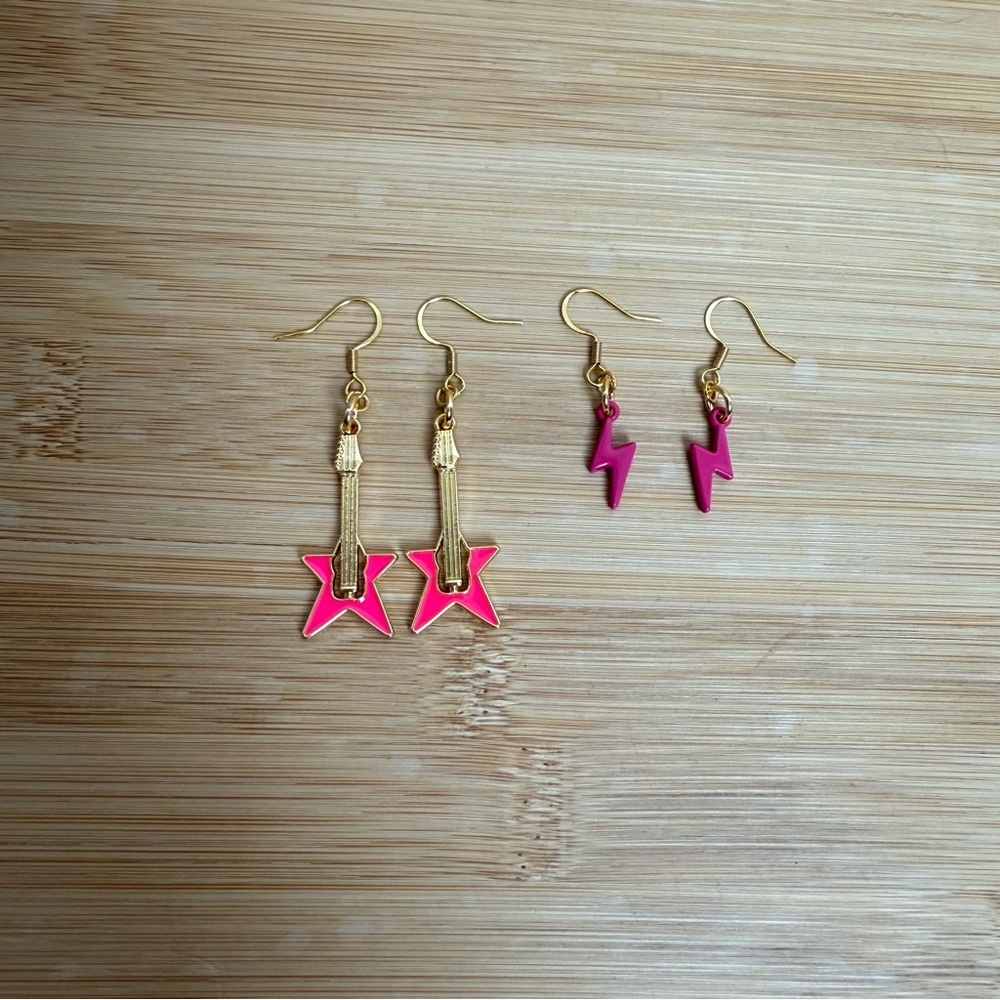 Vintage-Inspired Pink Guitar Star & Lightning Bolt Earrings Set